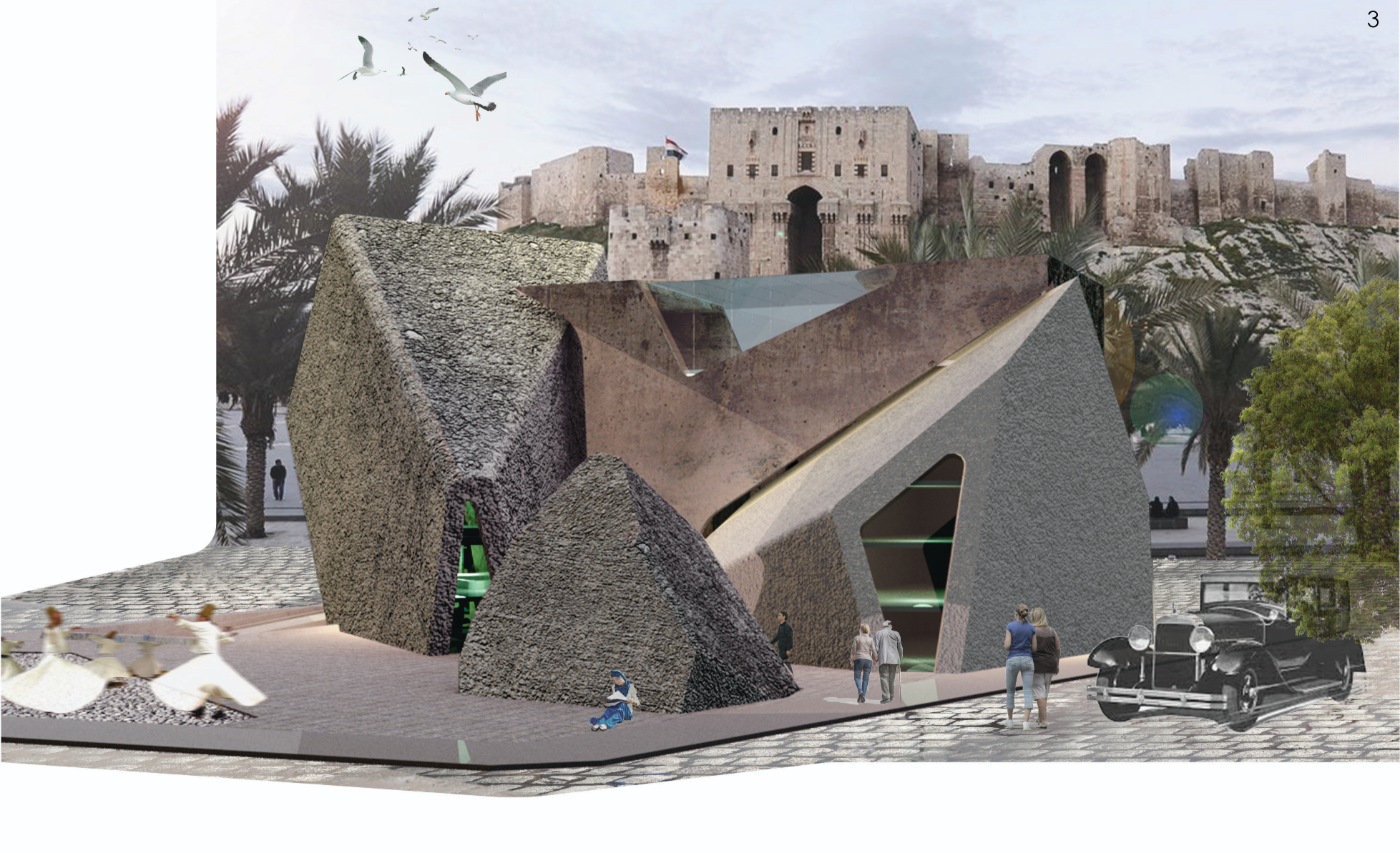 A striking geometric museum volume emerges from the urban fabric of Aleppo, framing a powerful dialogue between contemporary form and historic landscape.
