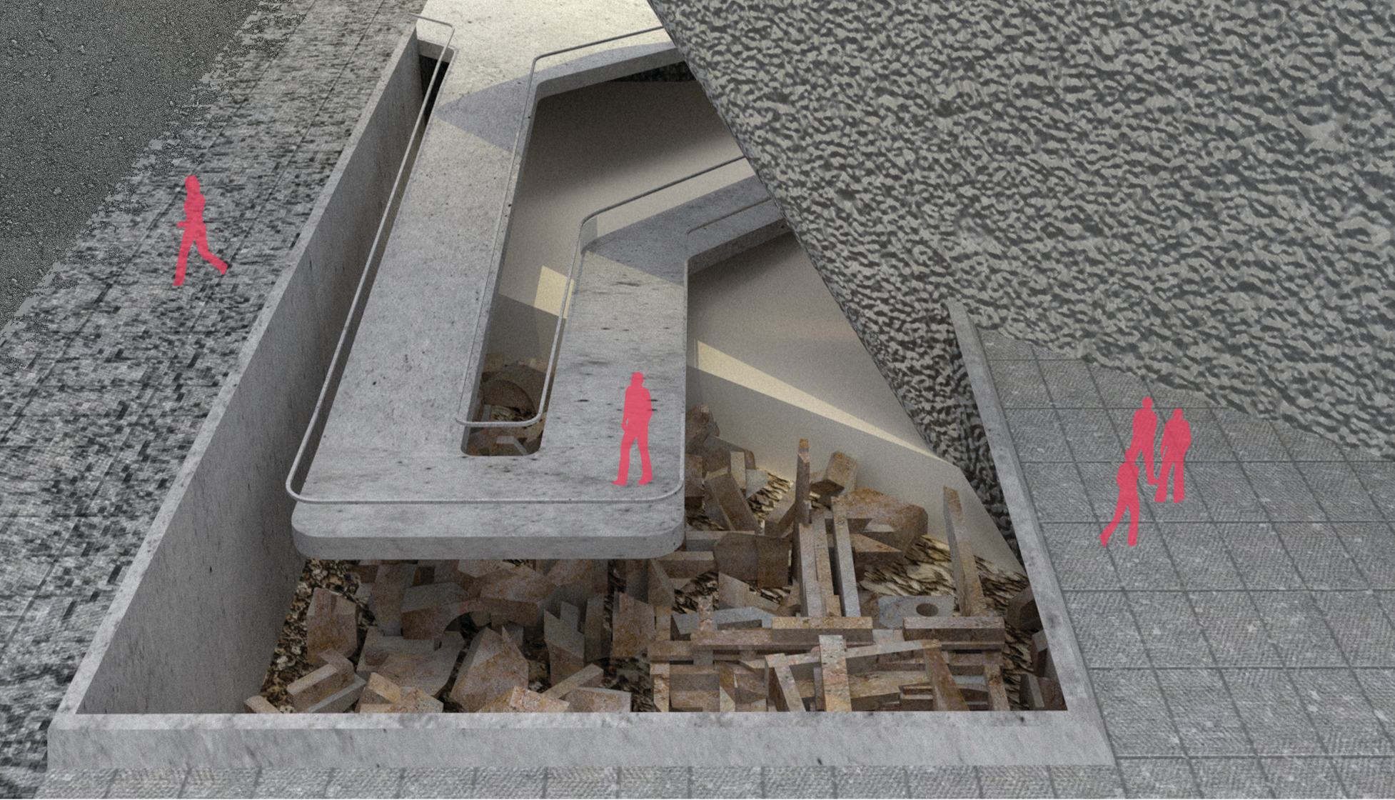 A descending path reveals untouched war debris beneath the structure, allowing visitors to confront the city’s material memory up close.