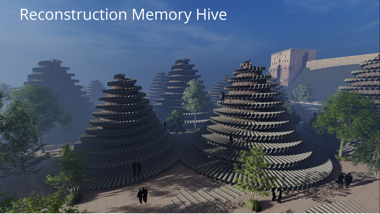 Beehive-inspired reconstruction domes forming a symbolic urban landscape beside the Aleppo Citadel.