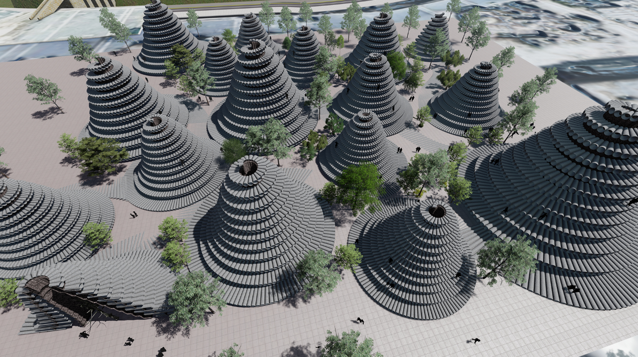 Top view of the hive’s conical structures, illustrating density, rhythm, and green integration.