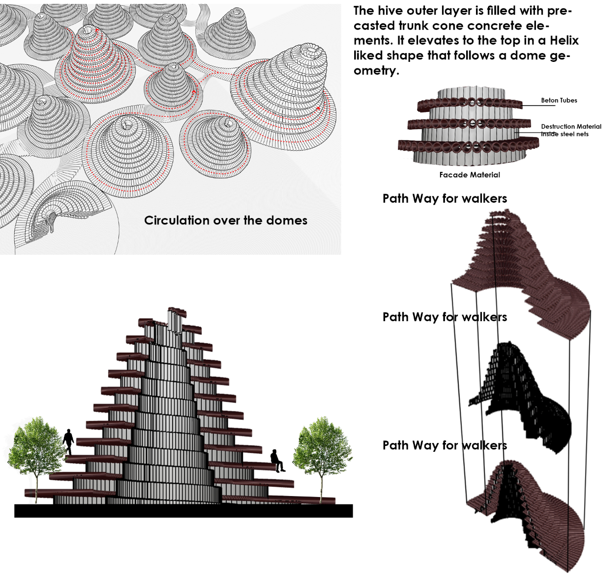 Exploded diagrams showing circulation paths, precast façade elements, and walkable spiral layers.