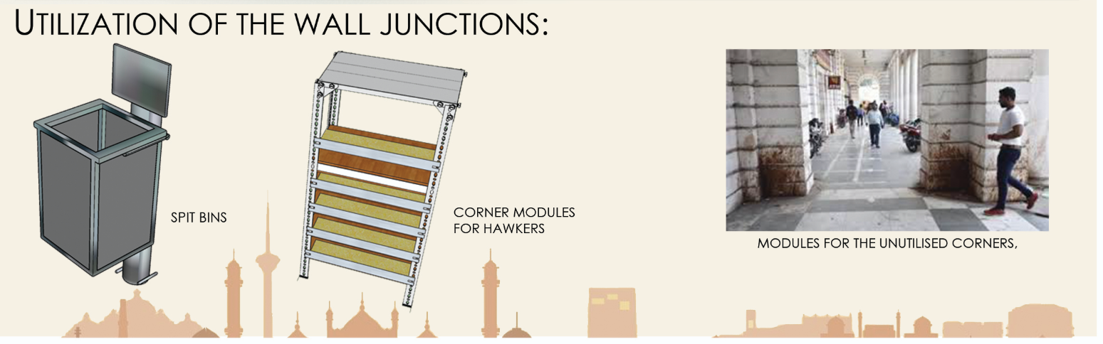 Diagram showing wheeled spit bins and corner hawker modules installed in underutilized street junctions