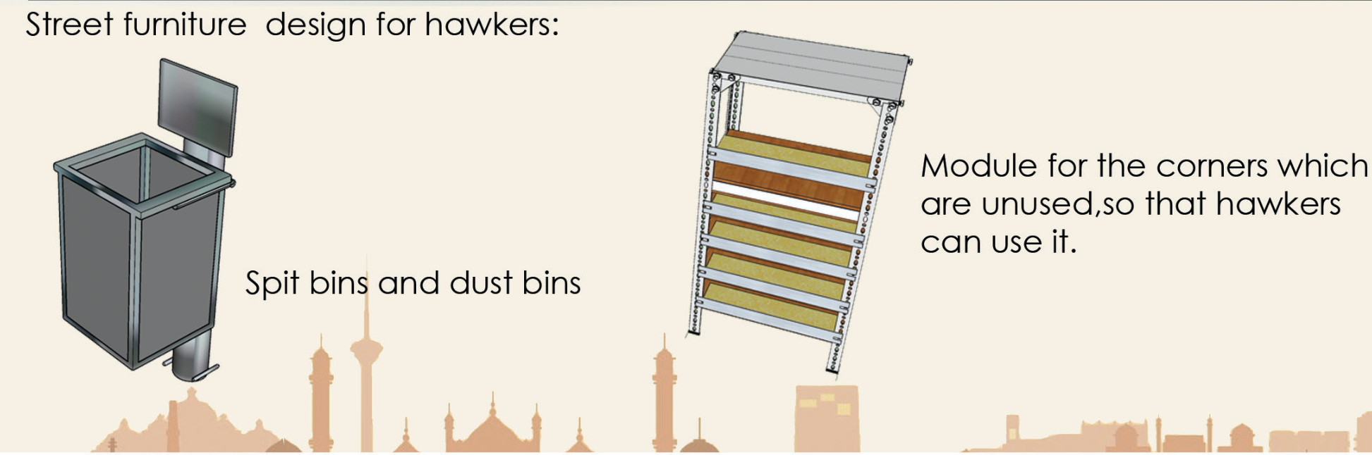 Diagram illustrating mobile bins and layered shelf modules as street furniture for vendors