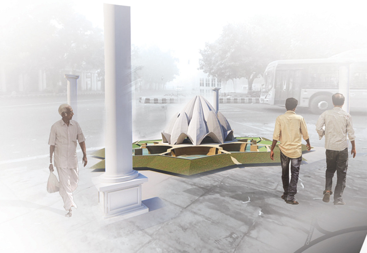 Street view rendering of a pavilion module with white columns and pedestrians in morning haze