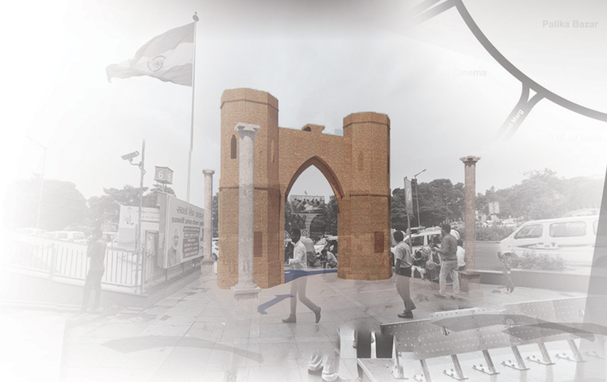 Brick arched gateway with flanking white columns on a plaza with pedestrians and traffic