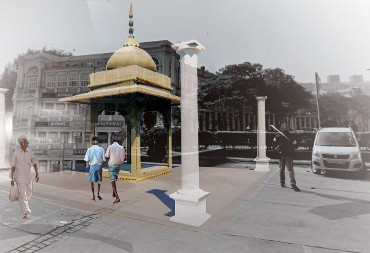 Pavilion with golden dome and white columns set in a plaza with pedestrians and vehicles