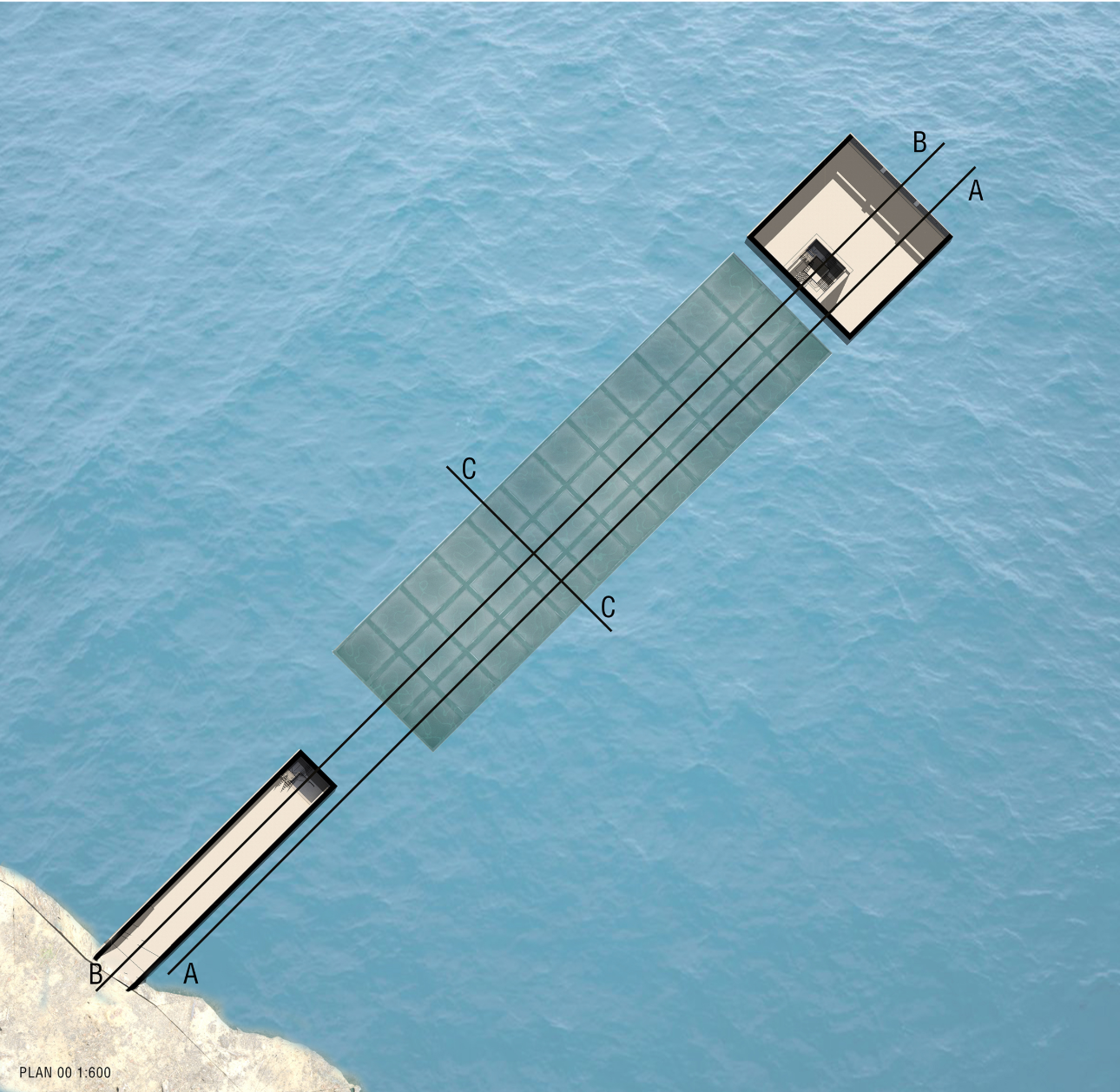 Top-view site plan showing the linear underwater structure branching from the coastline into open water.