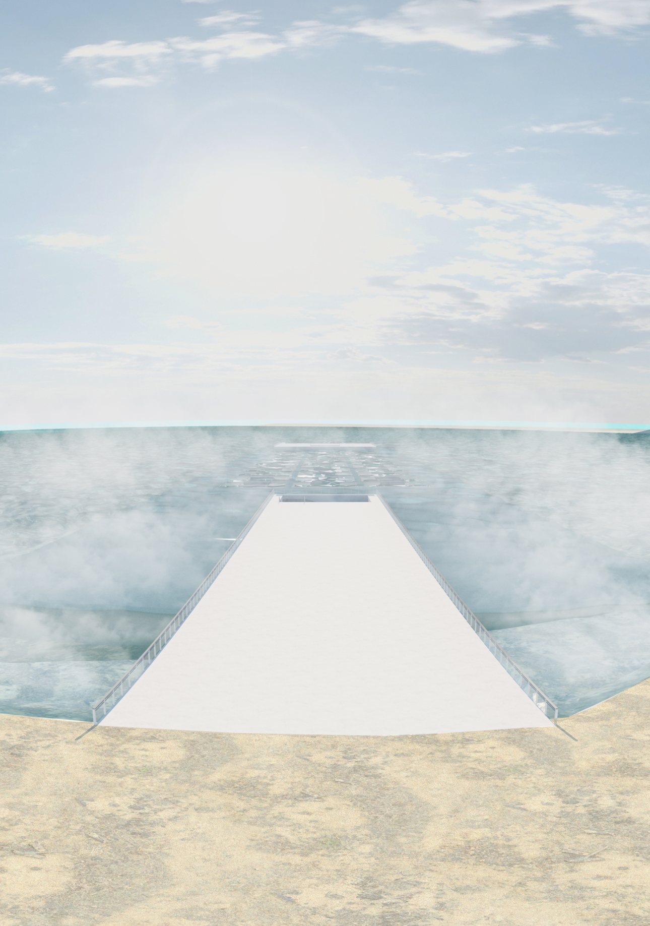 A long luminous entry ramp extends toward the sea, guiding visitors into the submerged Athenaeum.