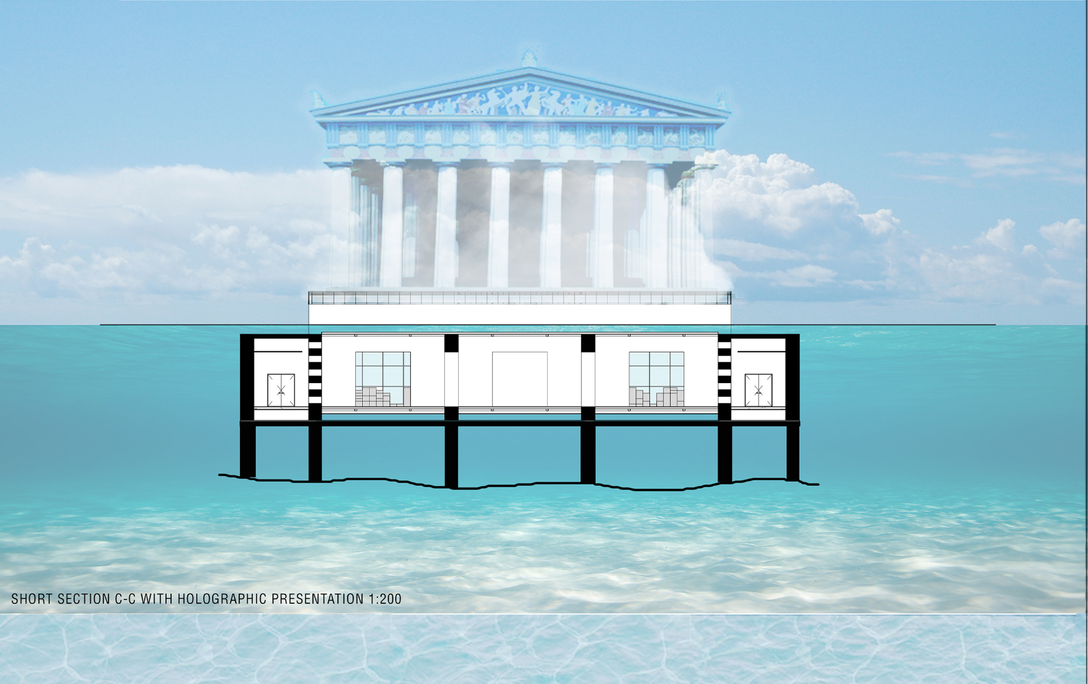 Sectional view revealing the underwater architecture and its holographic presentation rising above the sea.