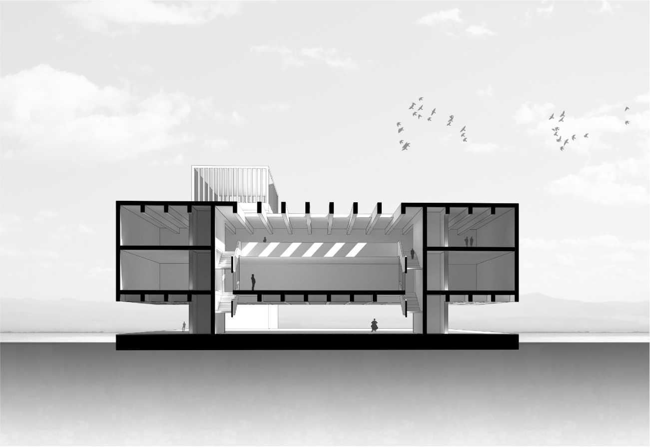 A precise sectional cut revealing the layered spatial configuration and central light-filled atrium.