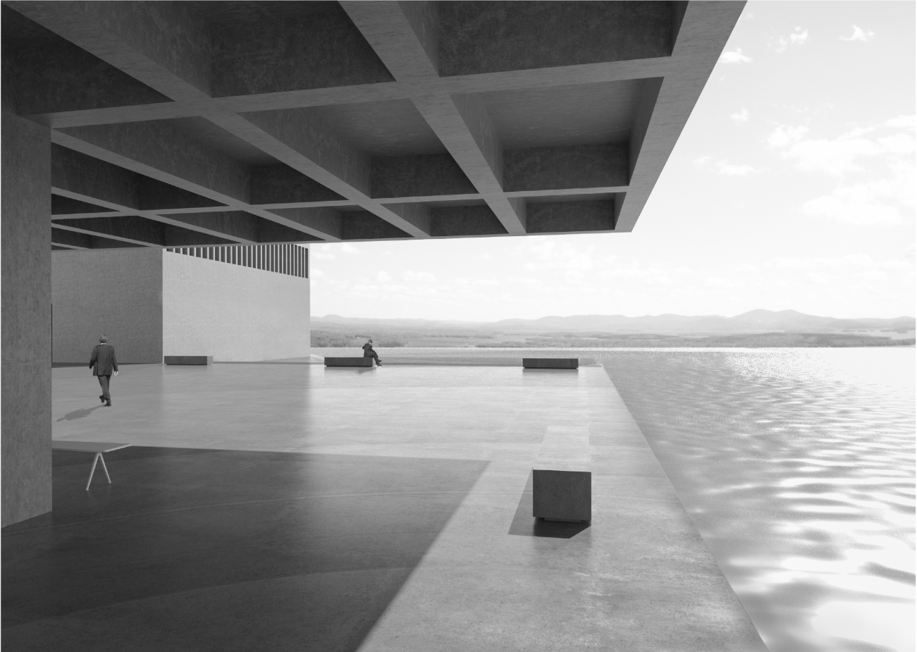 An expansive waterfront plaza where structure, shadow, and horizon converge in a serene architectural frame.