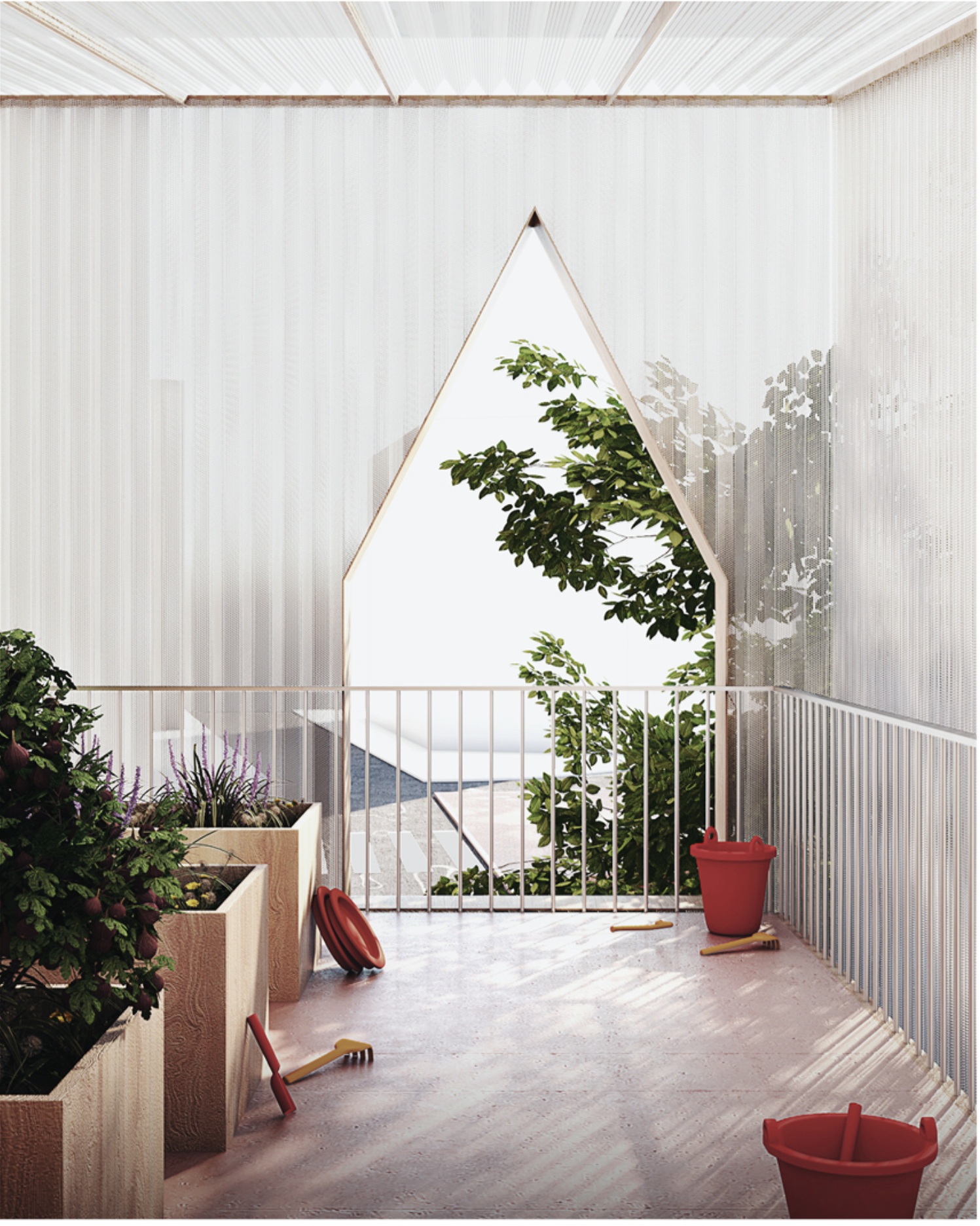 A shared vegetable garden offering children a bright, climate-controlled space to explore nature.