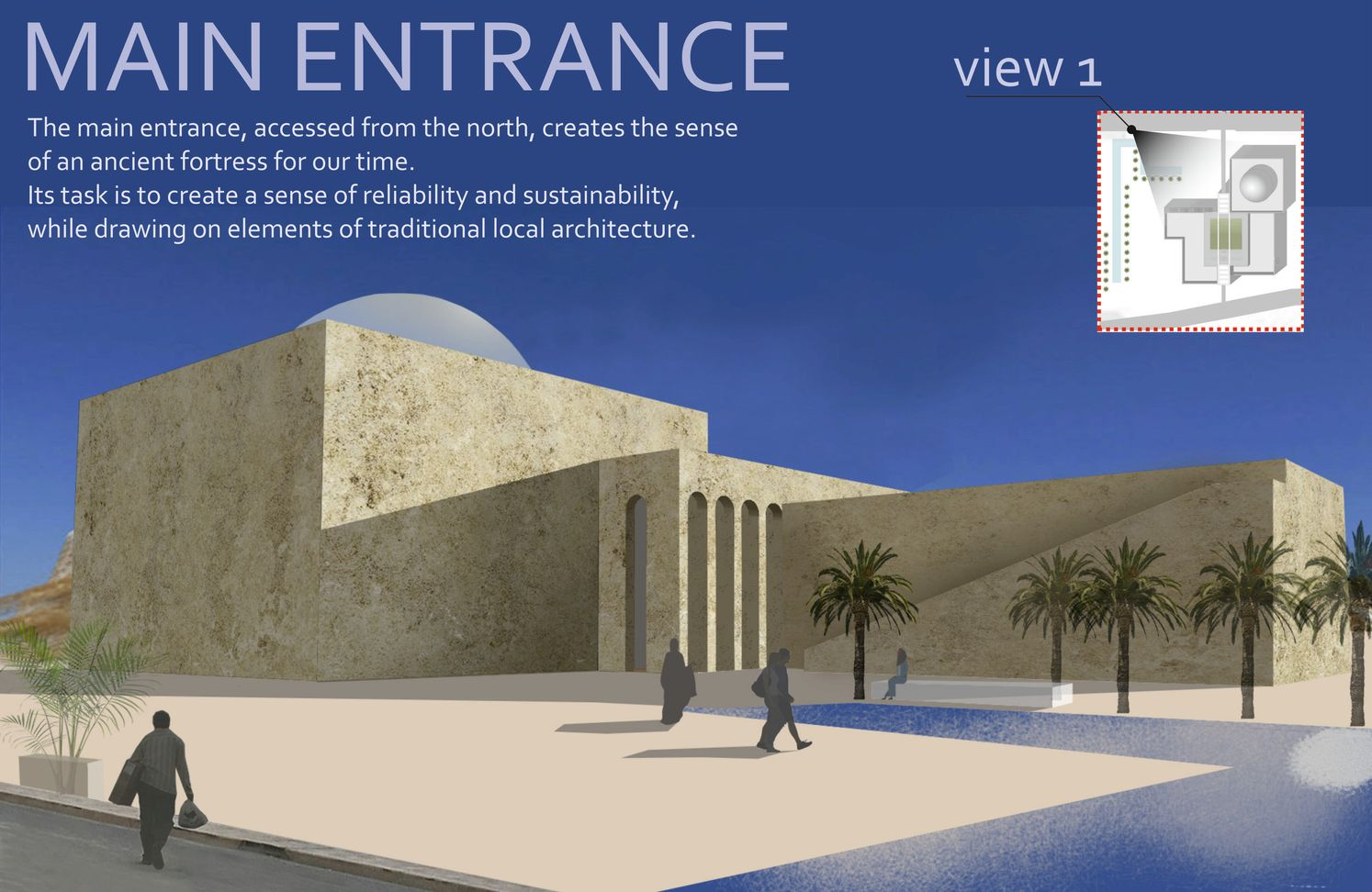 A monumental stone entrance evokes Aleppo’s ancient fortresses, blending traditional forms with contemporary heritage architecture.