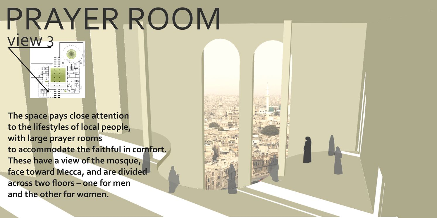 Elevated prayer rooms frame panoramic views of Aleppo, creating a serene spiritual space oriented toward Mecca.