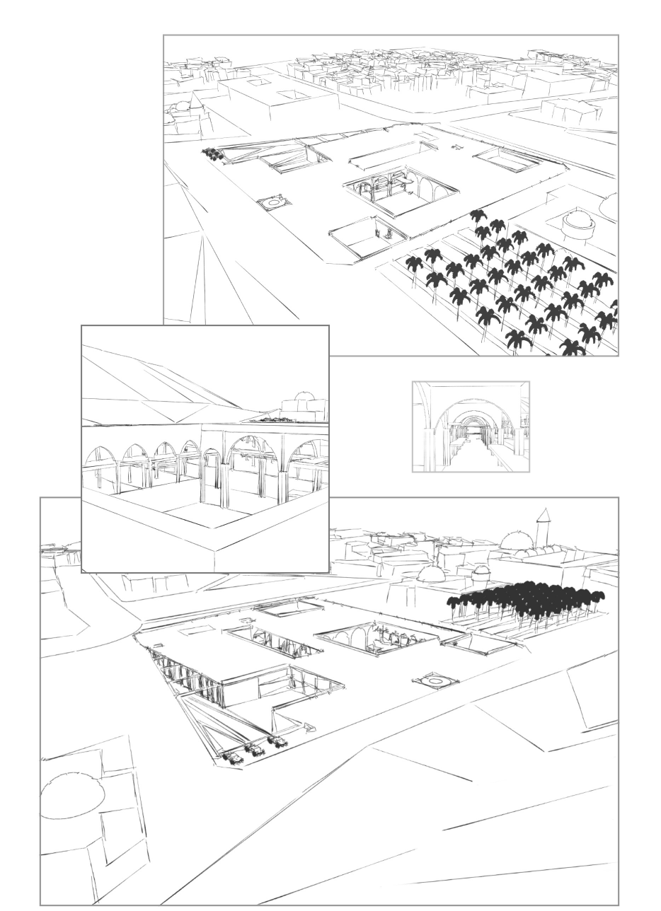 Aerial perspectives reveal the sunken courtyards and open cultural plazas.