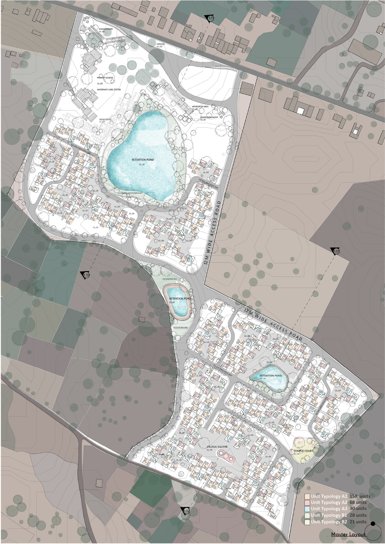 Master plan drawing depicting three residential clusters organized around central water bodies and surrounding agricultural fields