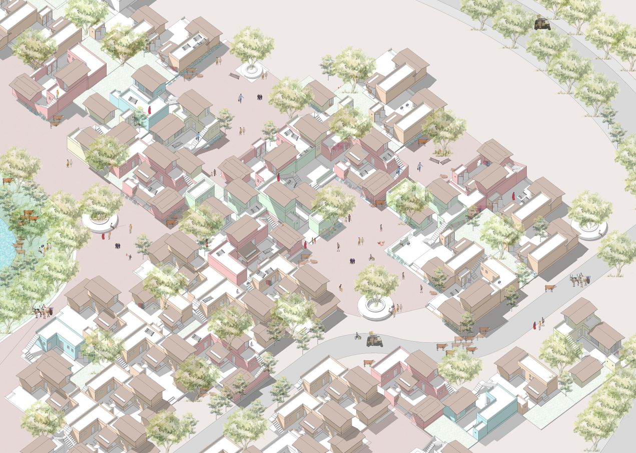 Axonometric rendering of residential cluster showing dispersed housing units among trees with pedestrians moving through courtyards