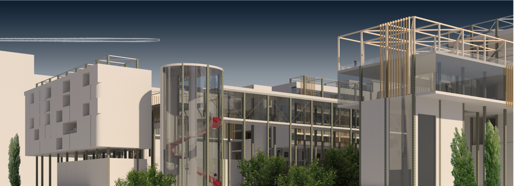 A dynamic public level with open pergolas, elevated walkways, and transparent circulation spaces linking residential clusters.