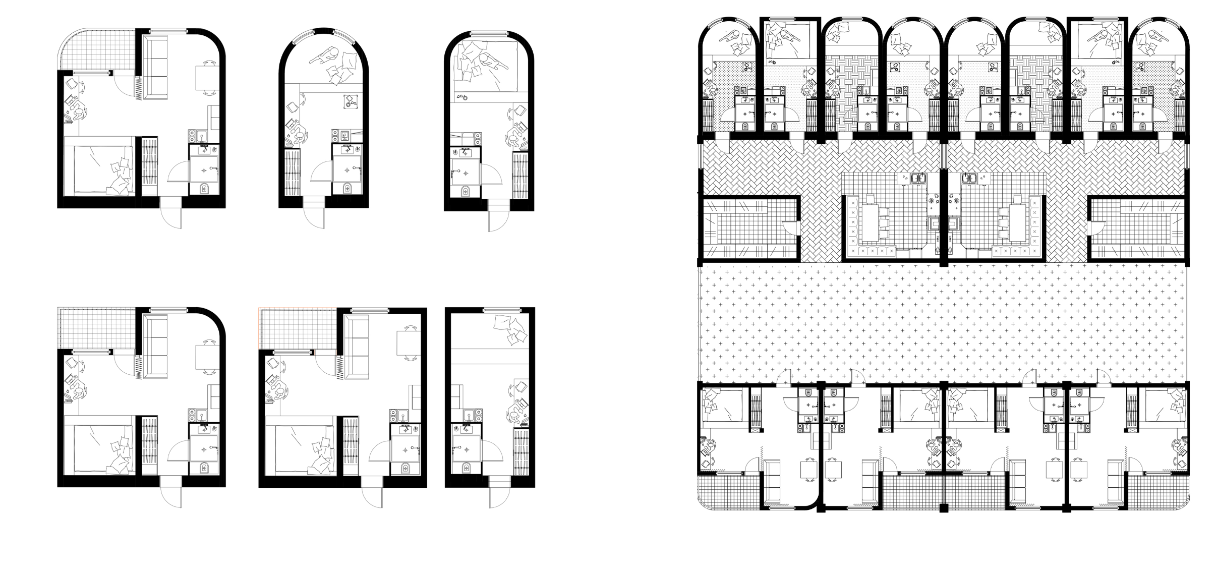 A rhythmic elevation featuring modular openings, arched windows, and transparent connectors unifying the mixed-use complex.