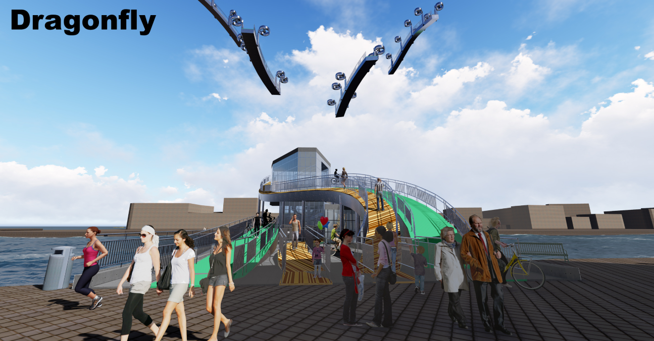 A vibrant public-entry view of the Dragonfly Bridge, showcasing its elevated paths, lively pedestrian activity, and dynamic drone components overhead.