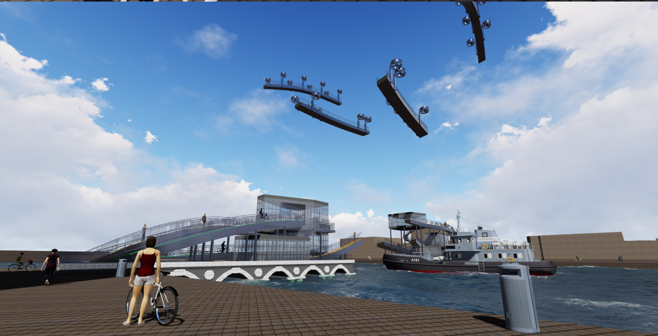 A waterfront perspective of the Dragonfly Bridge revealing its multi-layered circulation system and drone-assisted movable segments above passing vessels.