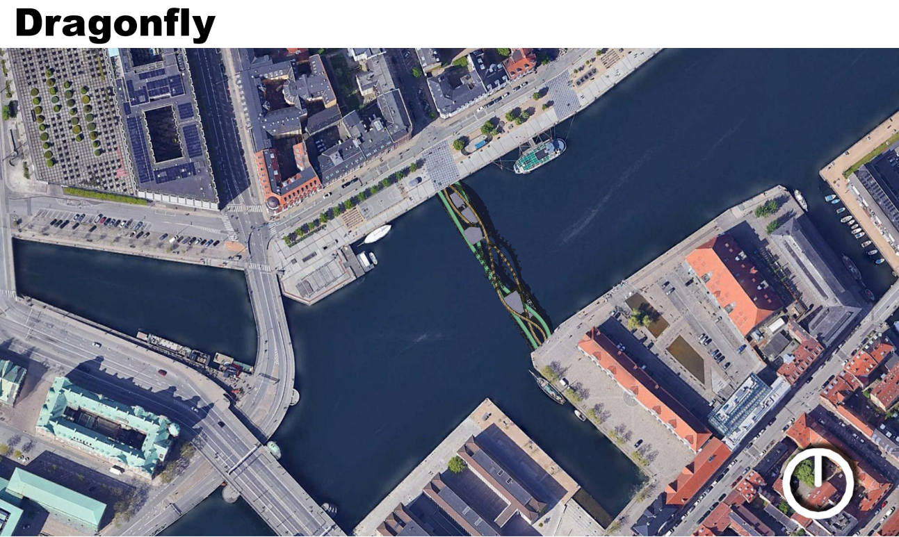 A top-down contextual image situating the Dragonfly Bridge within the urban canal, illustrating its seamless integration with the surrounding waterfront fabric.