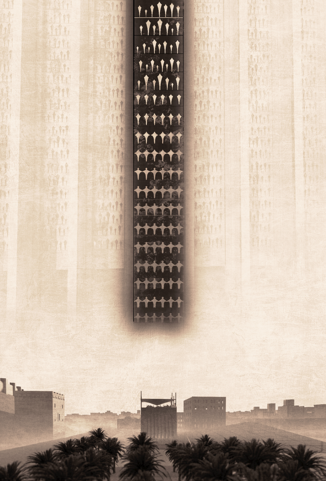 Vertical memory panels rise above the palm-lined axis, symbolizing the countless lives affected by war.
