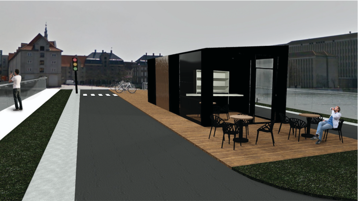 A sleek black pavilion with outdoor seating creates a social stop along the cycling bridge.