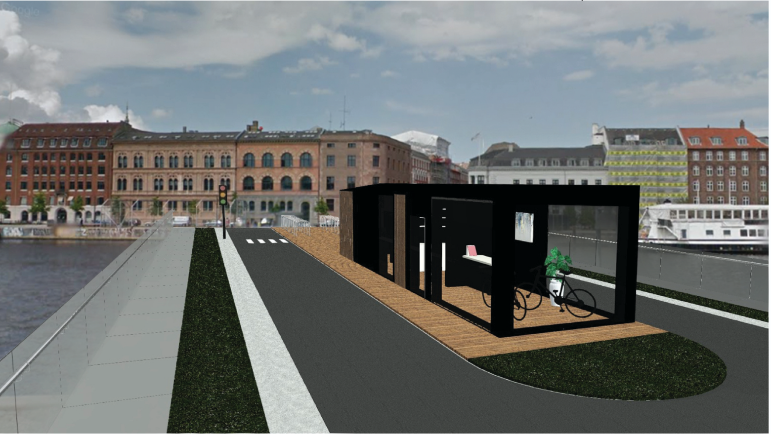 The modular café structure blends with Copenhagen’s historic waterfront skyline.