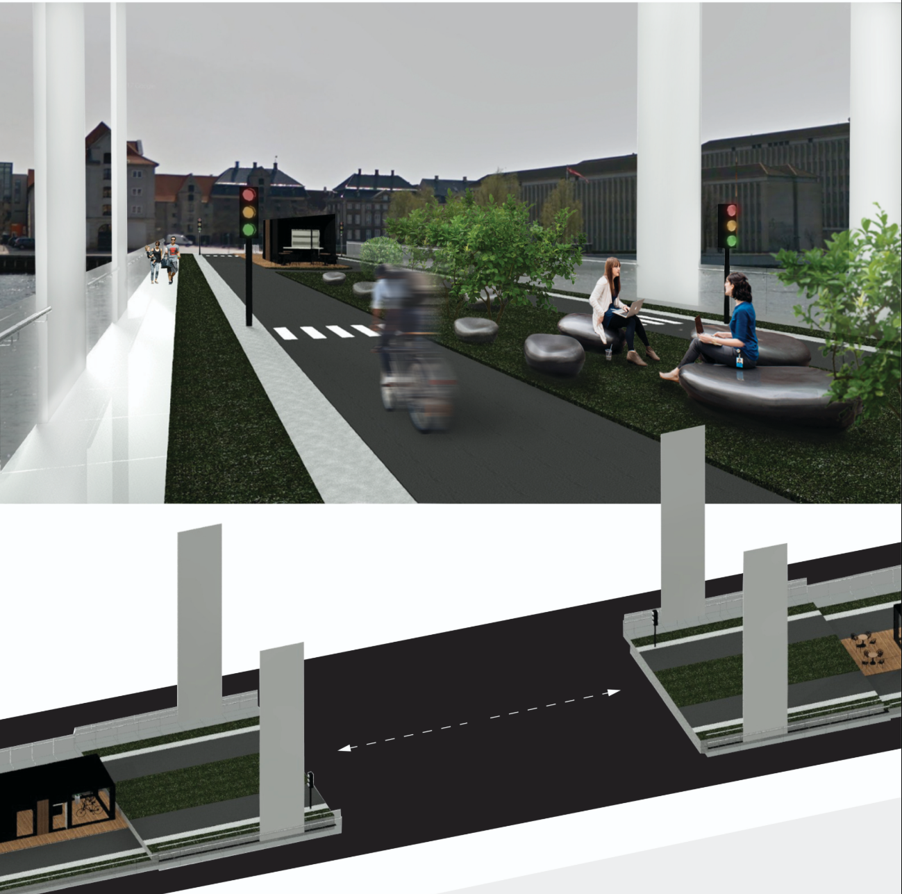 A landscaped rest zone offers sculptural seating beside the dedicated cycling path.