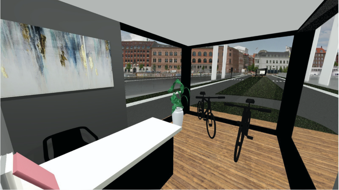 The pavilion’s interior opens to panoramic bridge views, integrating work and mobility.