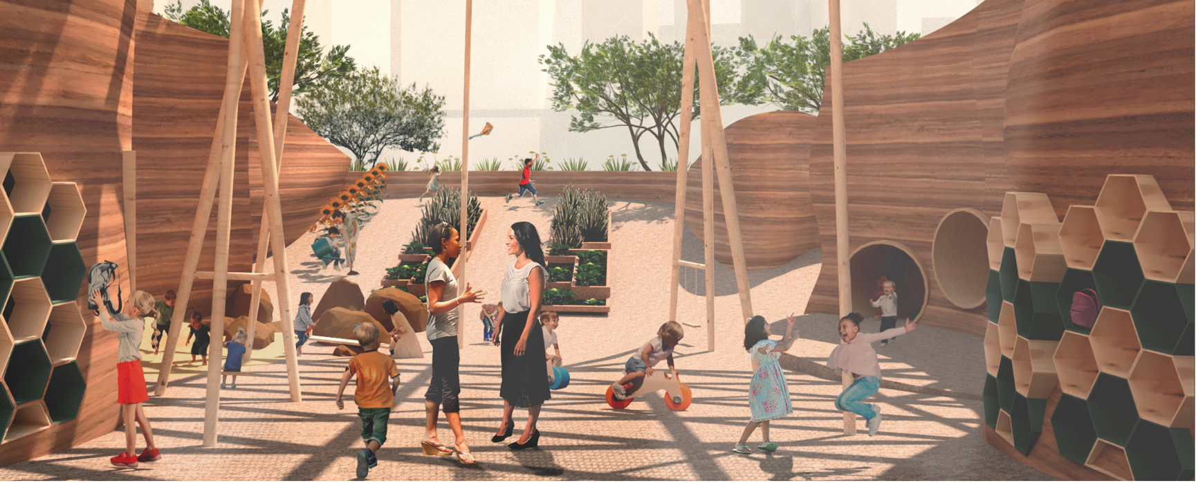 A children’s ecological play garden where learning, movement, and nature connect seamlessly through lush planting and sculpted desert forms.