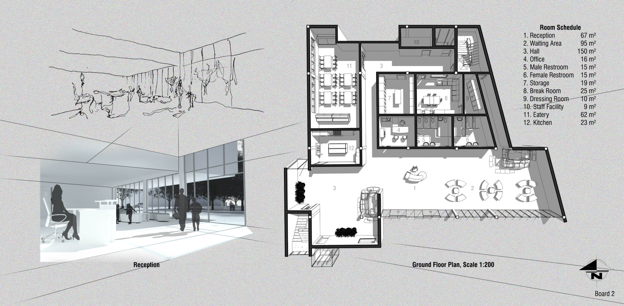 A bright, transparent reception space welcoming families into a climate-responsive daycare, paired with a detailed ground floor plan optimizing circulation and comfort.
