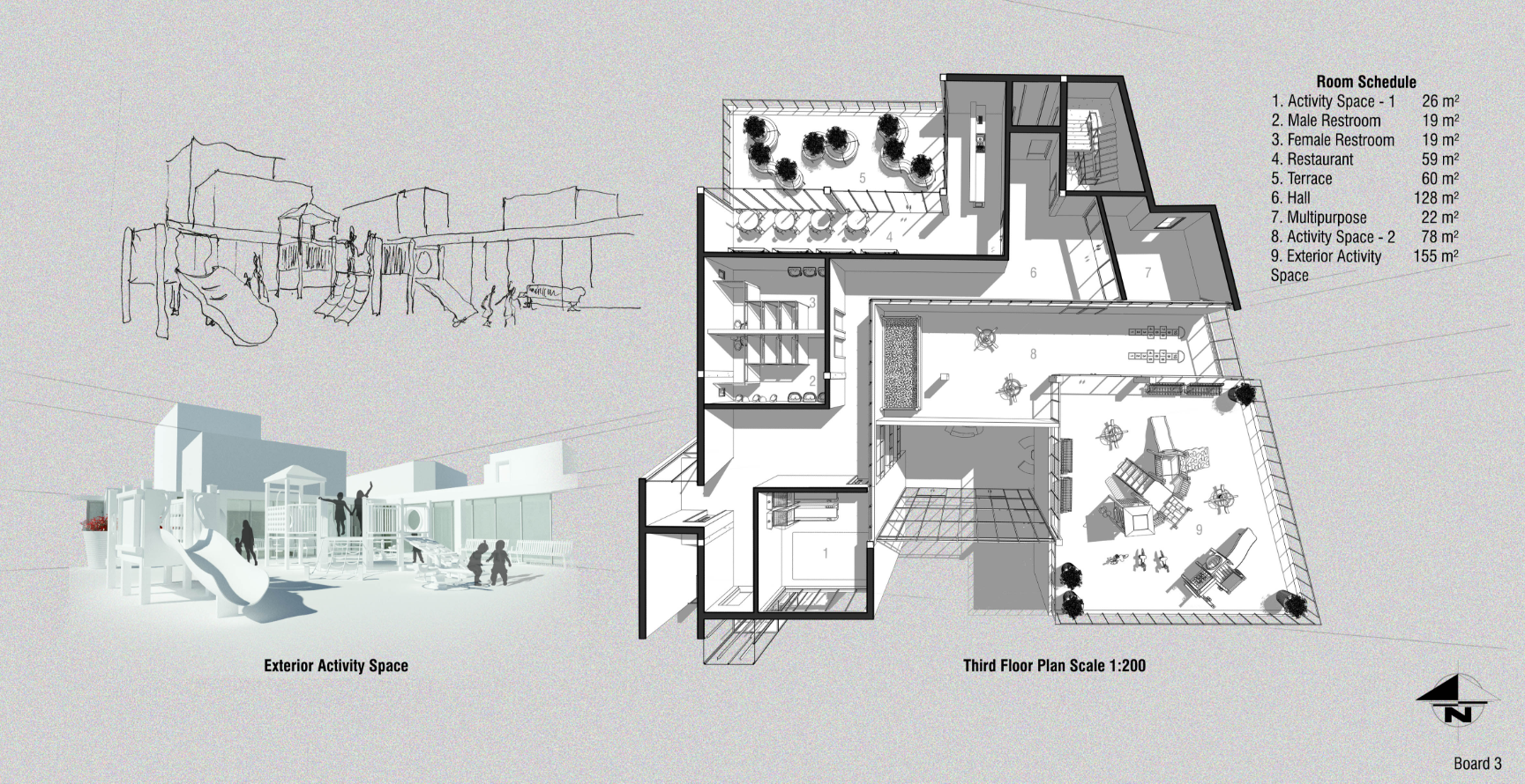 An open-air activity environment promoting play and exploration, connected to a third-floor plan featuring terraces, restaurants, and multipurpose learning spaces.