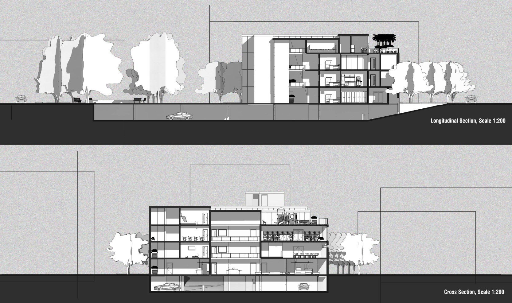 Detailed building sections showcasing spatial hierarchy, natural ventilation strategies, and climate-responsive design across all program levels.