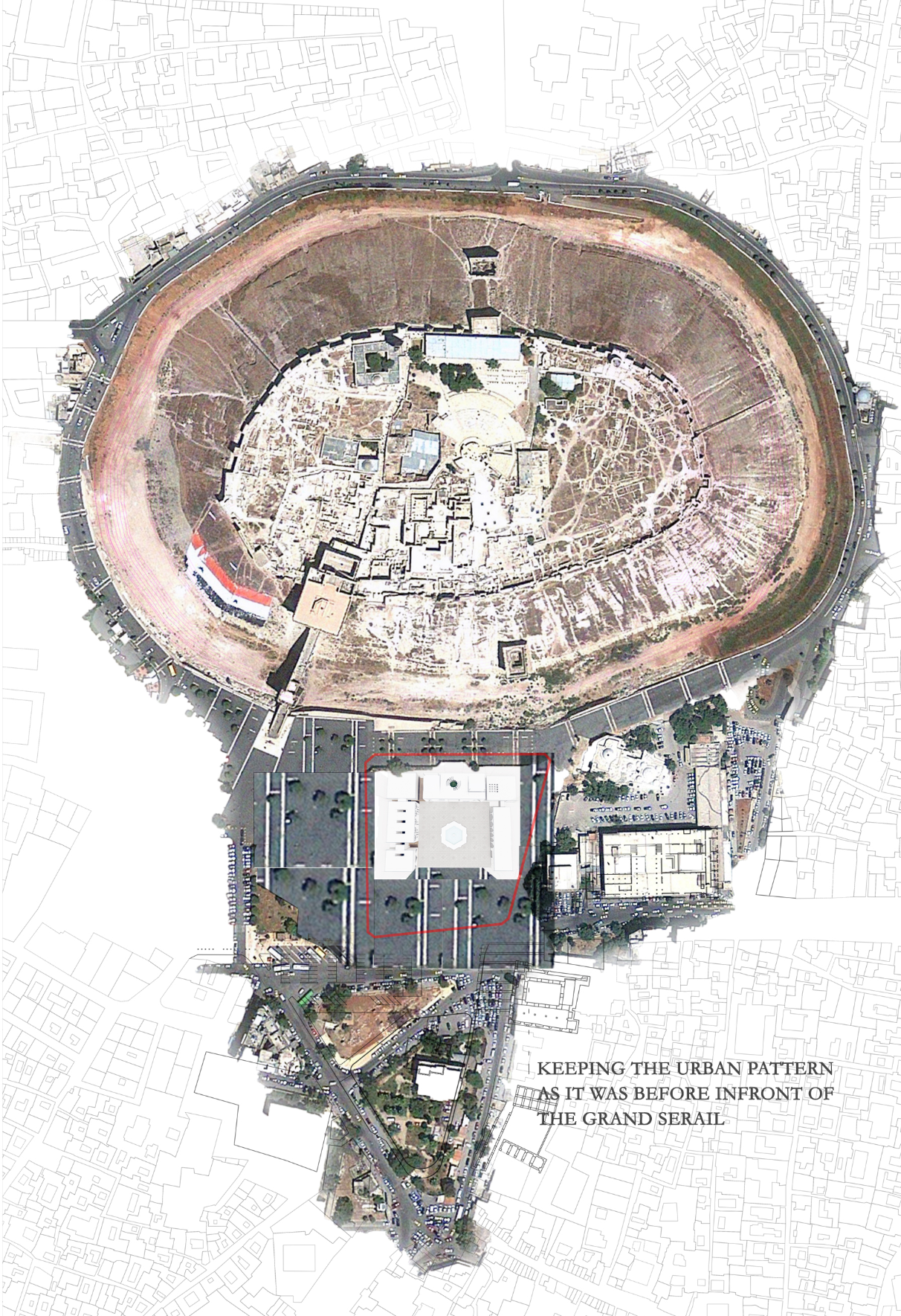 Aerial site plan drawing showing an oval central zone with radiating paths and adjacent rectilinear structures