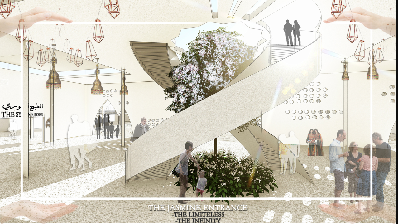 Rendered perspective of an entrance canopy with white geometric petals sheltering a planted courtyard and visitors
