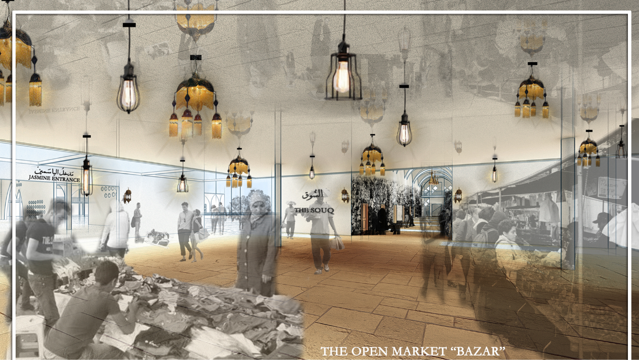 Interior rendering of a vaulted market corridor with pendant lanterns and translucent walls showing layered activity