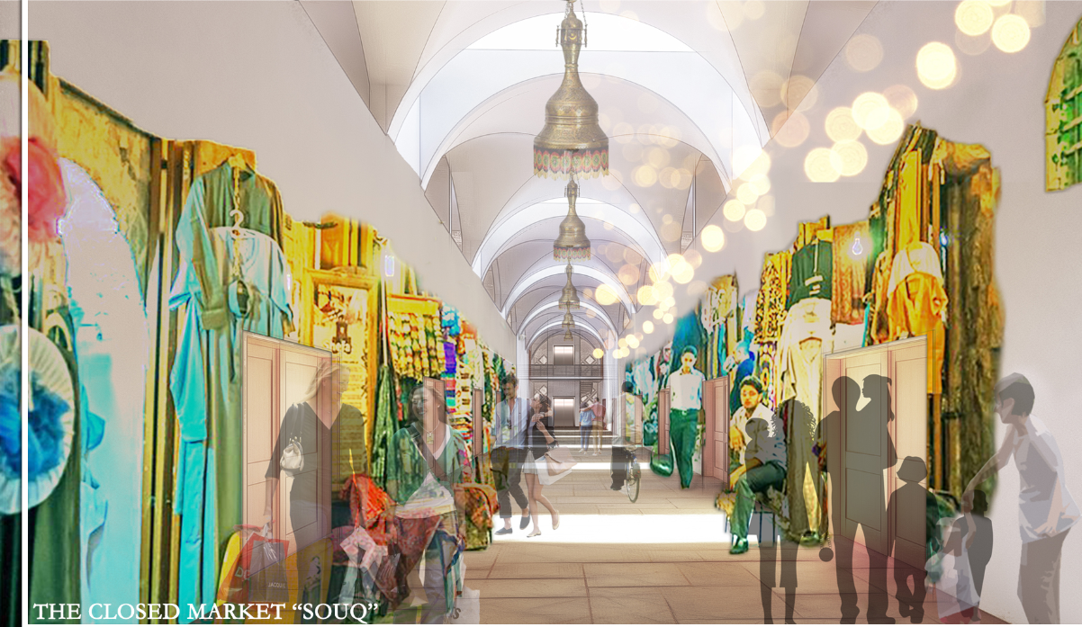 Vaulted arcade perspective with suspended metal fixtures, fabric hangings and pedestrians moving through the passage