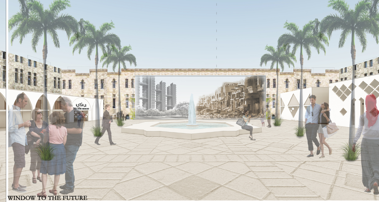 Plaza view framed by arcaded wings with palm trees and a fountain beneath a connecting bridge
