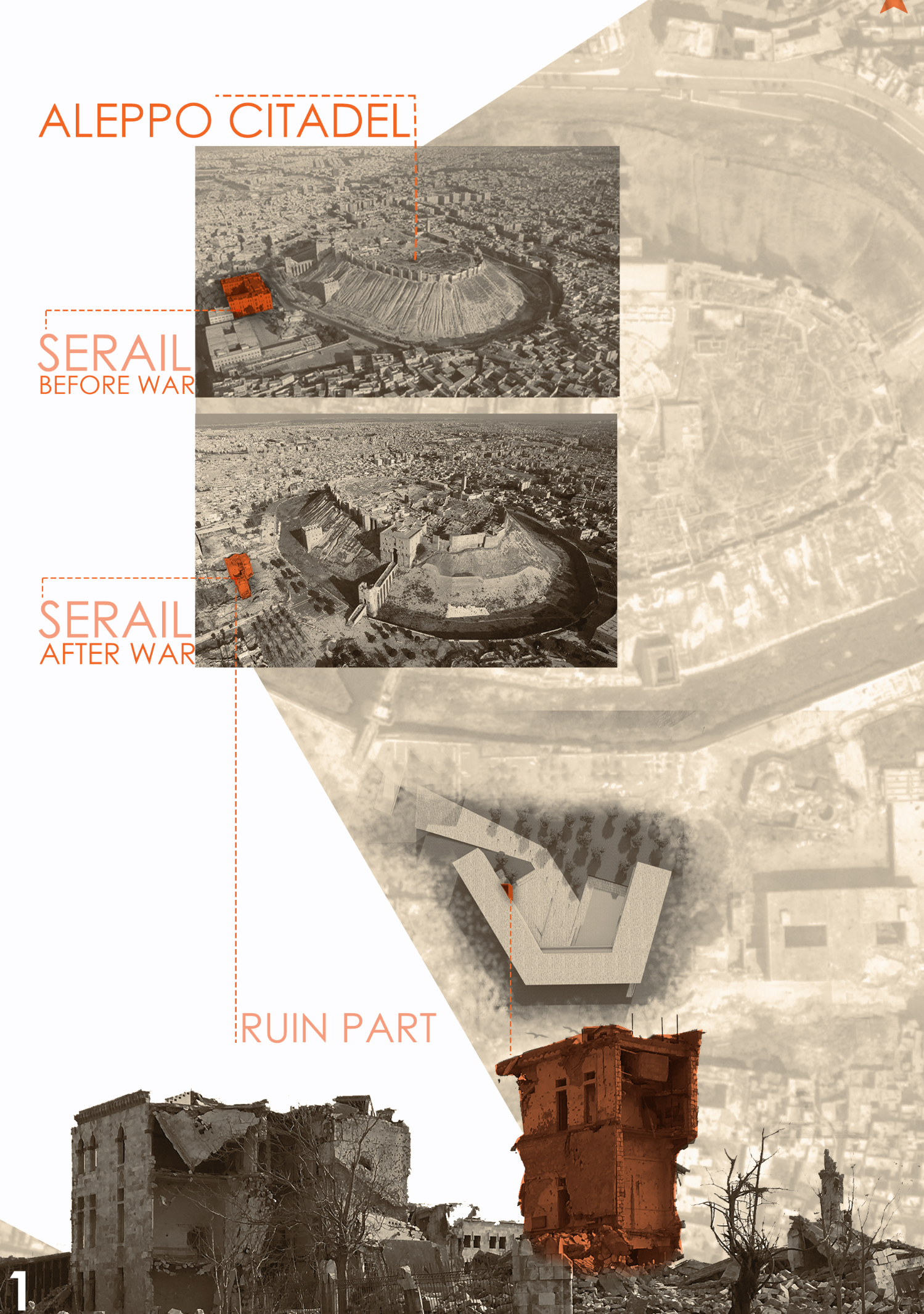 “A layered site analysis showing the Serail’s transformation before and after the war, the Aleppo Citadel, and the preserved ruin integrated into the new architectural footprint.”