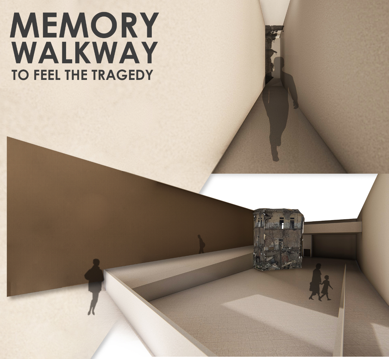 “A narrow, immersive passage guiding visitors toward the preserved ruin, intensifying the emotional experience of Aleppo’s tragic history.”