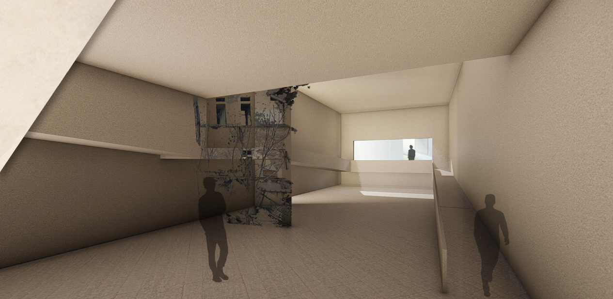 “An open, contemplative space where the ruin stands as the emotional core, framed by soft light and minimal architectural surfaces.”