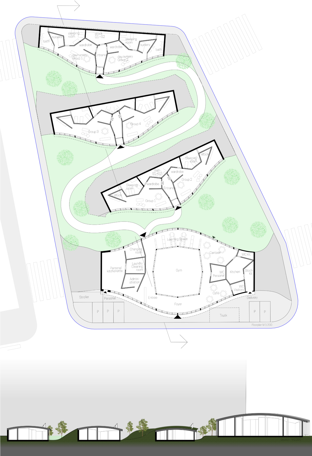Solar-optimized facade and earth-covered roof responding to daylight and thermal control.