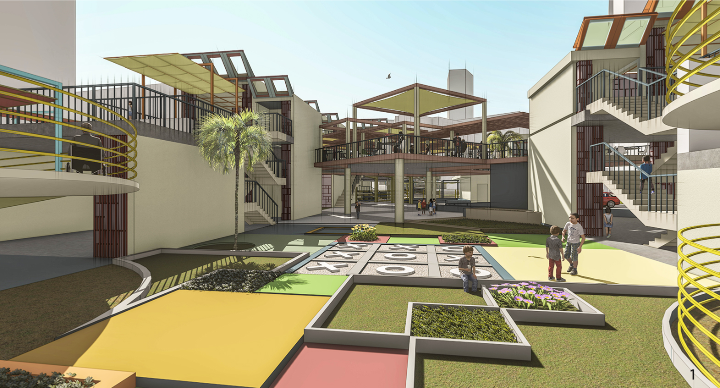 Central courtyard designed as a shaded, naturally ventilated play space that connects indoor and outdoor learning environments.