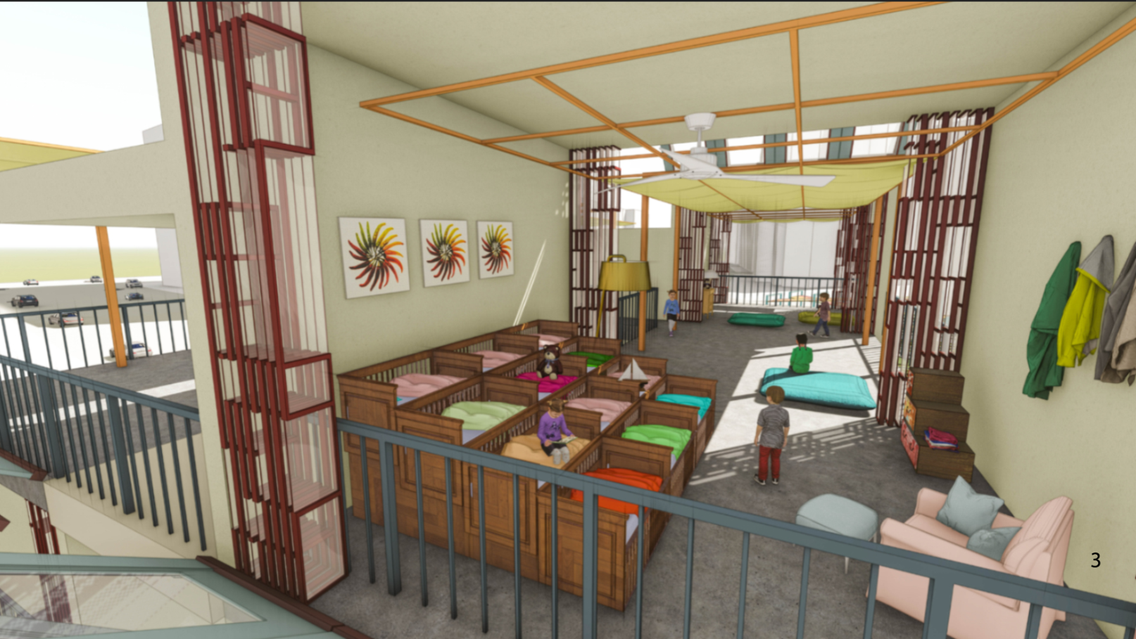 Interior childcare space demonstrating flexible enclosure, filtered daylight, and cross-ventilation for thermal comfort.