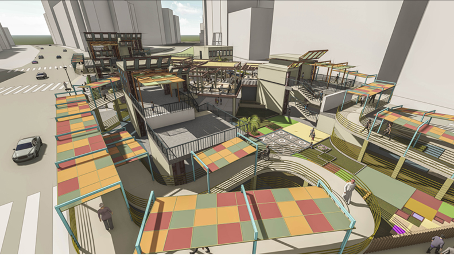 Elevated walkways and semi-open terraces enabling spatial expansion while maintaining safety and visibility.