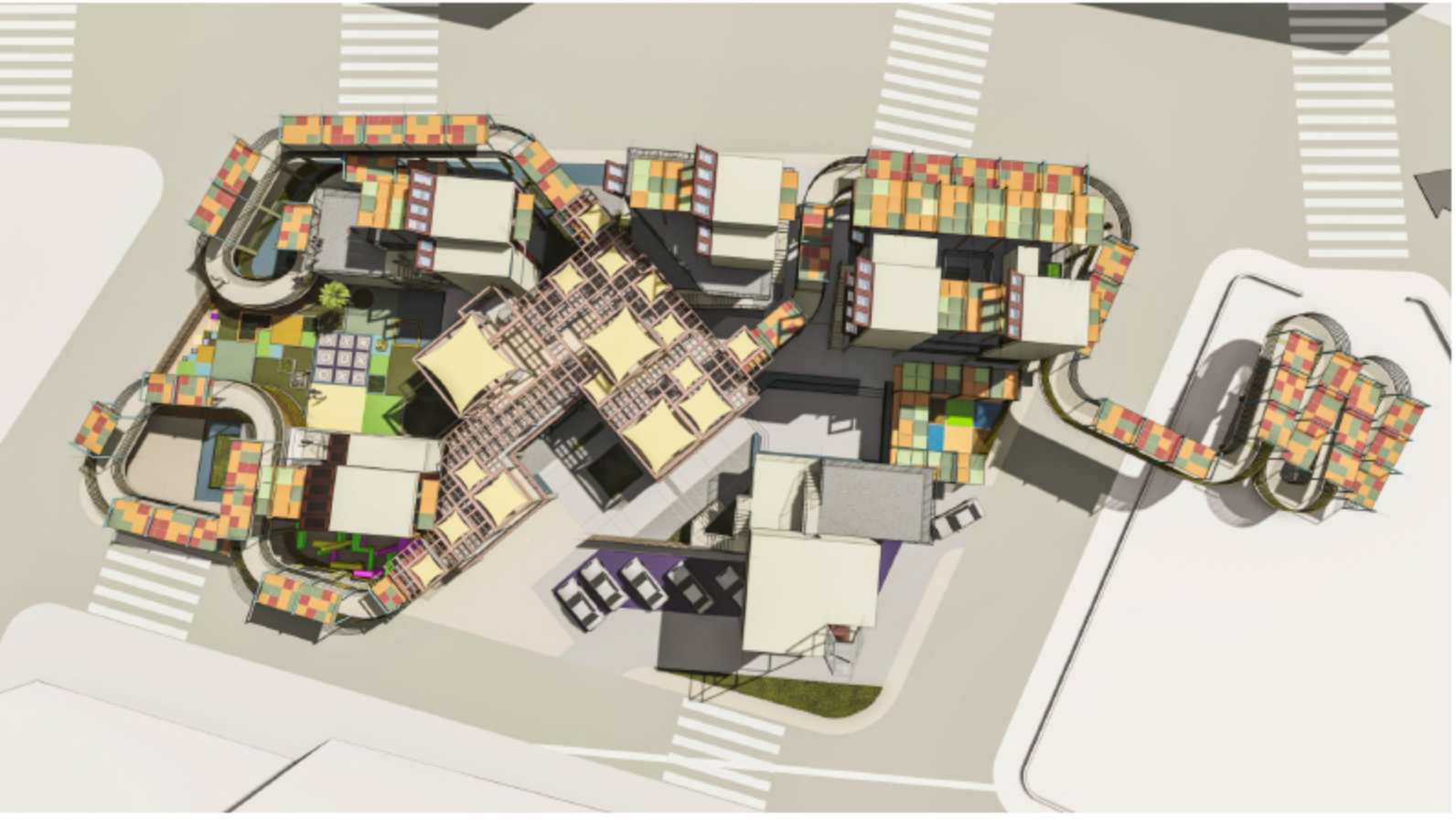 Top view illustrating the modular layout, adaptive roofs, and porous configuration responding to climatic forces.