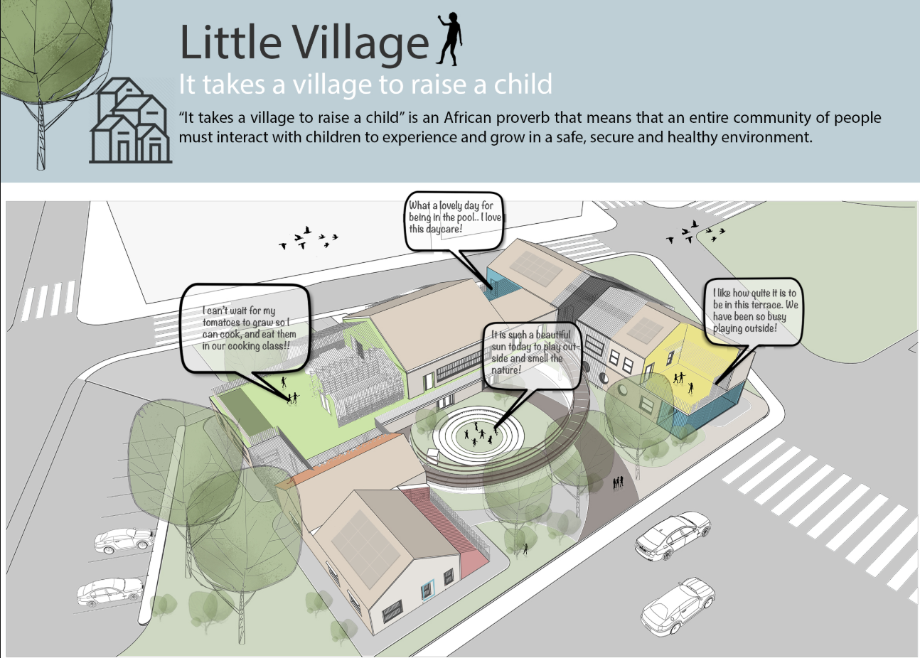 Axonometric drawing showing a neighborhood block with residential buildings, a central circular amphitheater, and pedestrian crossings