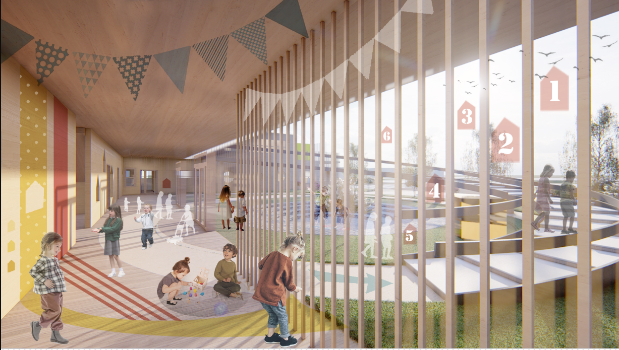 Interior rendering of a sunlit corridor with vertical timber slats, children playing, and numbered graphics on glazing